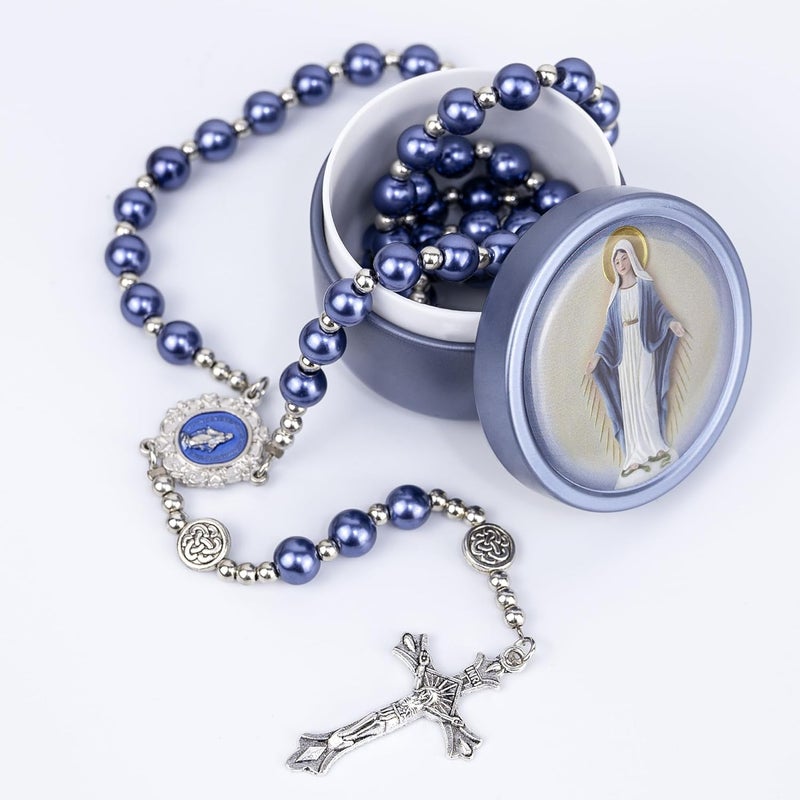 SUTANALE 8mm Glass Pearl Rosary Necklace for Women - Catholic Prayer Beads with Gift Box, Handmade Religious Jewelry for Baptism, First Communion - Image 2